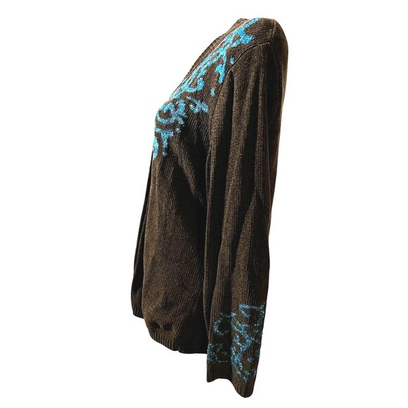 Vintage V Neck Sparkly Cardigan by Gantos Sz Medium Brown & Blue Glittery - Picture 7 of 10